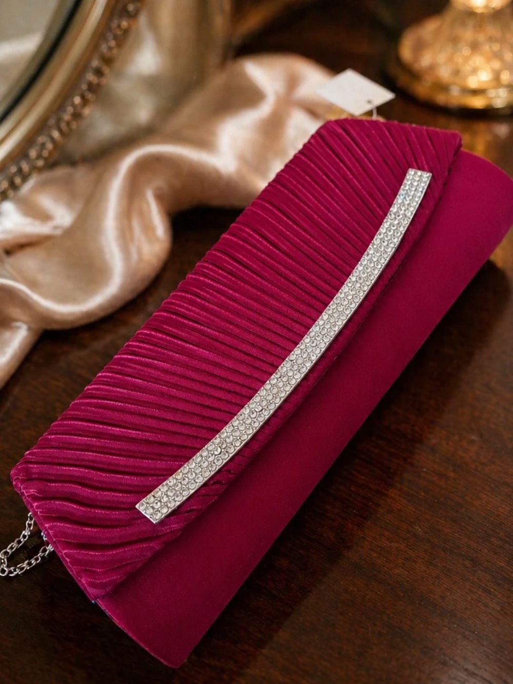 Elegant Fuchsia Pleated Clutch with Crystal Trim